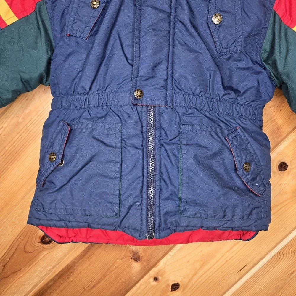 Vtg‎ Youth Color Block Hooded Winter Coat Jacket Sz 5-6 Zip/Snap Red Blue Green